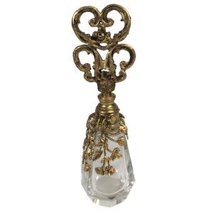 Vtg Large Cut Glass Perfume Bottle w/ Brass Overlay Floral Flowers & Leaves #2